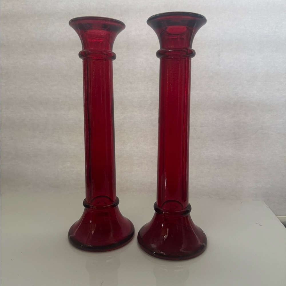 2 Indiana Glass Ruby Ref Candlestick Holders